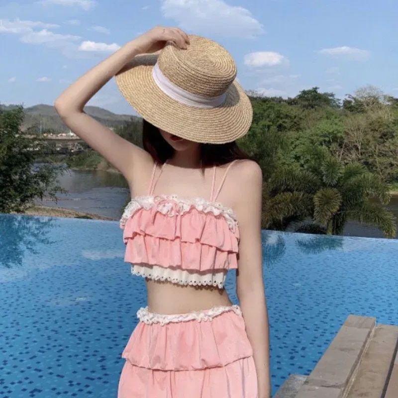 Color: Pink, Size: S - Bikini Sets Women Kawaii Girlish Design Tender Teens Slim Chic Beach Simple Feminino Daily Ruffles Japan Style Cool Sexy