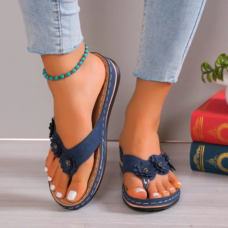 Color: Khaki, Shoe Size: 36 - Clip Toe Summer Shoes Women's Slippers Sweet Three Flowers Platform Sandals Soft Casual Ladies Flip Flops 2024 ?‘осоно?¶ки ?–?µнски?µ