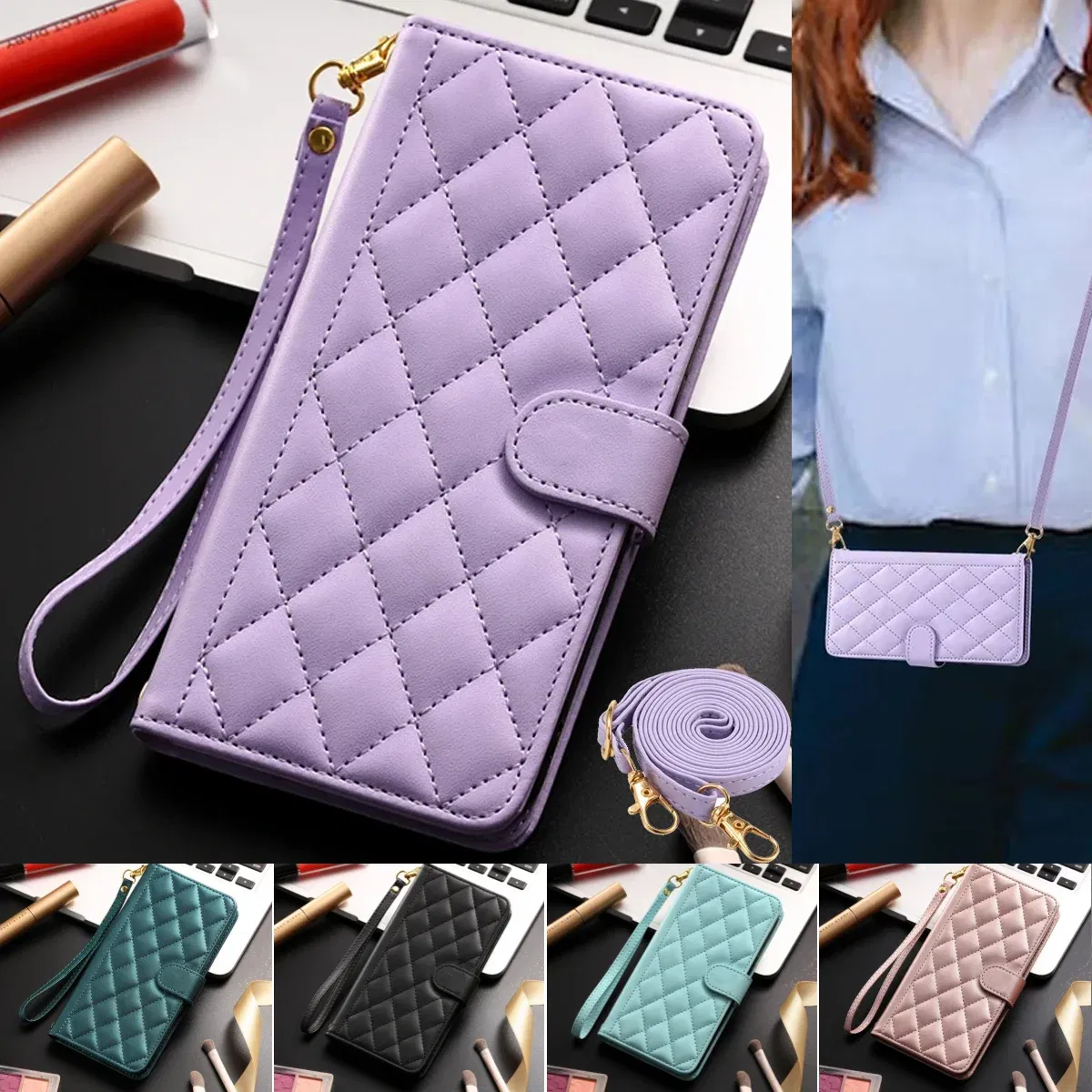 Material: Canvas, Color: Red - Long lanyard Flip Leather Phone Case for Samsung Galaxy S24 Ultra S23 FE S22 S21 S20 S10 Plus Wallet Card Cover Coque