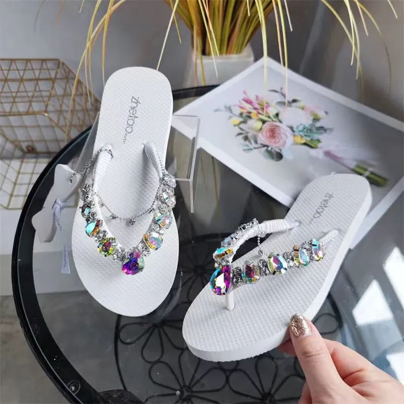 Color: Black, Shoe Size: 37 - Outdoor Leisure Flip Flops Women 2024 Summer Fashion Lady Beach Shoes Luxurious Rhinestone Embellished Women's Flat Slippers