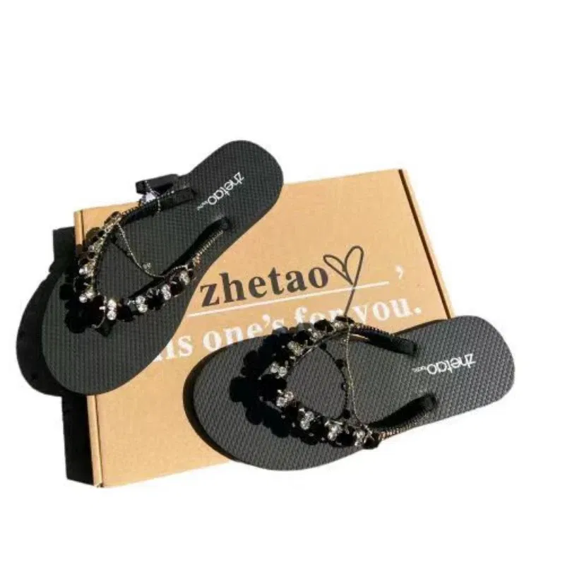 Color: Black, Shoe Size: 37 - Outdoor Leisure Flip Flops Women 2024 Summer Fashion Lady Beach Shoes Luxurious Rhinestone Embellished Women's Flat Slippers