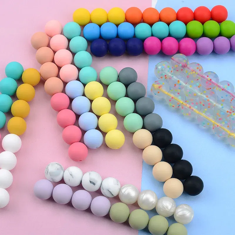 Color: Colorful, Item Diameter: 12mm - LOFCA 100Pcs/lot 12MM Round Shape Silicone Teething Beads Baby Teether For DIY Nursing Necklace Food Grade Chew Beads