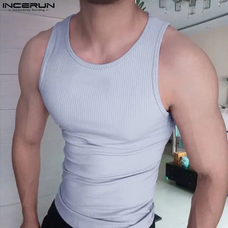 Color: Blue, Size: XL - INCERUN Men Tank Tops Solid Color O-neck Sleeveless Streetwear Summer Casual Vests Skinny 2023 Fashion Leisure Men Clothing 5XL