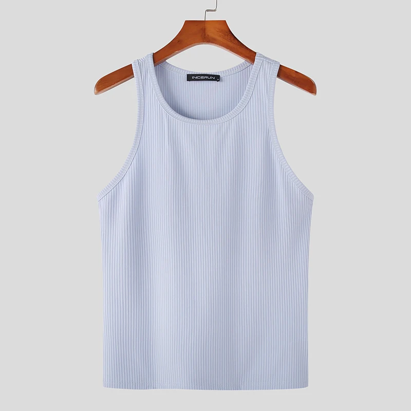 Color: Blue, Size: XL - INCERUN Men Tank Tops Solid Color O-neck Sleeveless Streetwear Summer Casual Vests Skinny 2023 Fashion Leisure Men Clothing 5XL
