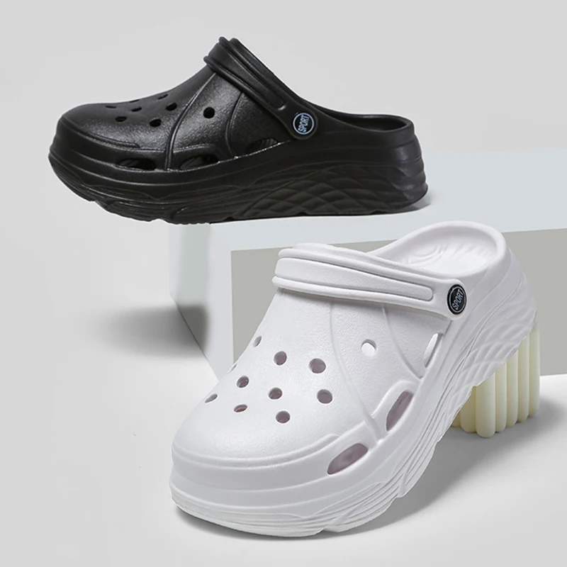 Shoe Size: 40-41, Color: black - 2025 Summer Thick Platform Clogs Slippers Women Breathable Hollow Out Garden Sandals Woman Lightweight Non Slip Beach Sandles