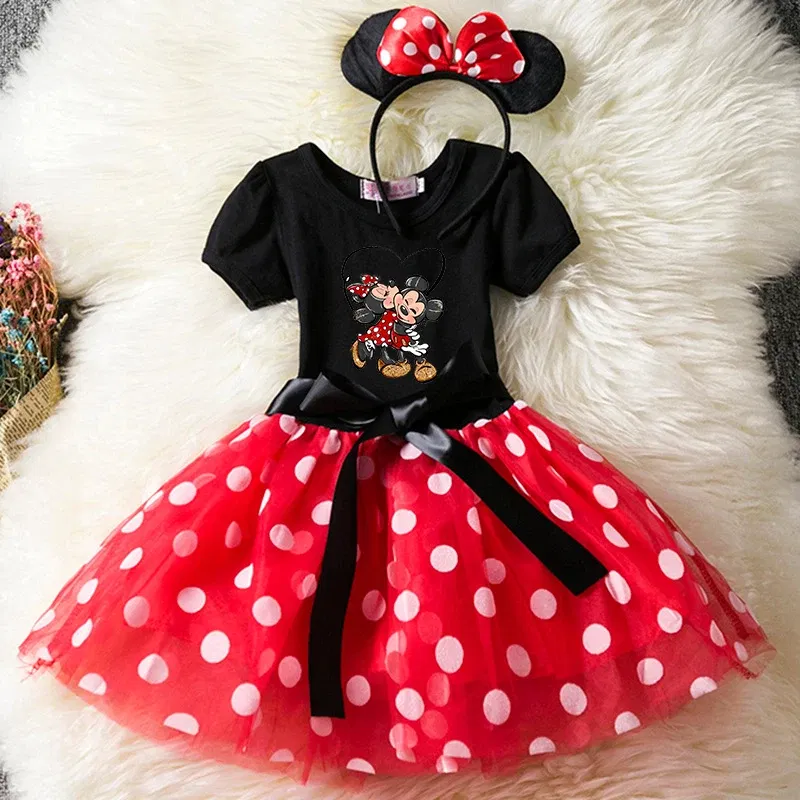 Color: Fuchsia, Size: L - Cartoon Mickey Minnie Mouse Kids Short Sleeve Polka Dot Princess Dress 1-6Y Party Baby Girls Clothes Cosplay Costumes