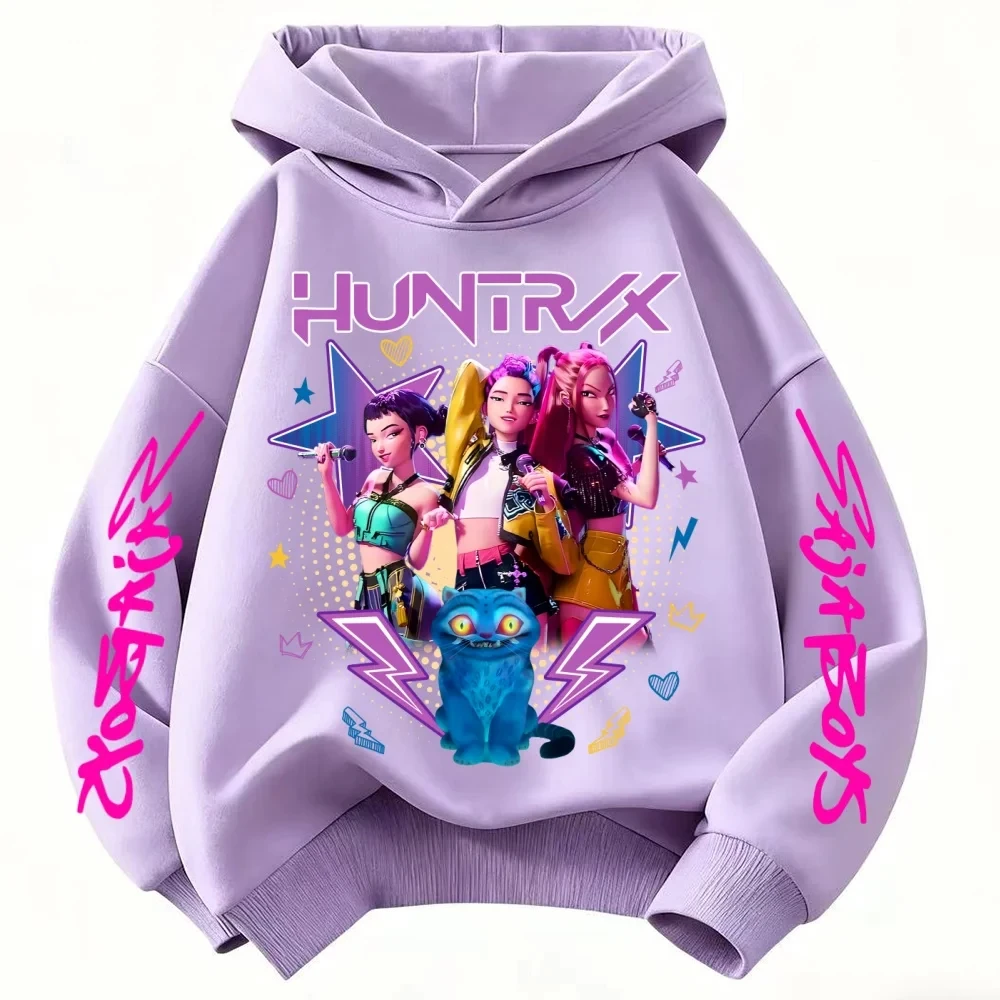 Color: army green, Kid Size: 4T - Cartoon Hoodie for Boys and Girls KPop Demon Hunter Rumi Derpy Warm and Thick, Fashionable Casual Top, Printed Purple Sweatshirt