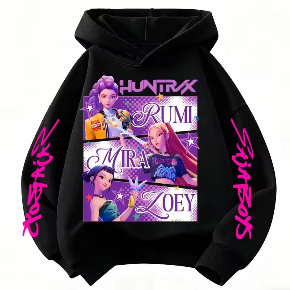Color: army green, Kid Size: 4T - Cartoon Hoodie for Boys and Girls KPop Demon Hunter Rumi Derpy Warm and Thick, Fashionable Casual Top, Printed Purple Sweatshirt