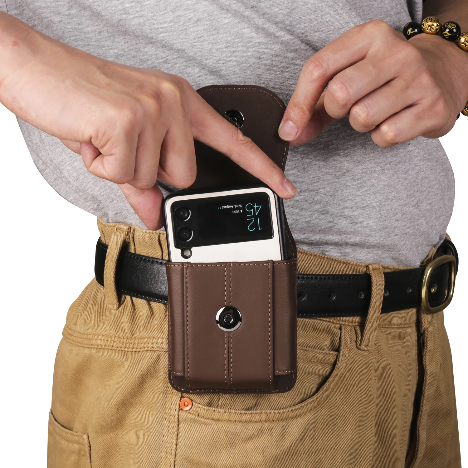 Color: Beige, Ships From: CHINA, Material: ABS - Cow Genuine Leather Belt Clip Case For Samsung Galaxy Z Flip6 Flip5 Flip4 6 5 4 3,Oppo Find N3 Flip Men Waist Bag Holster Pouch