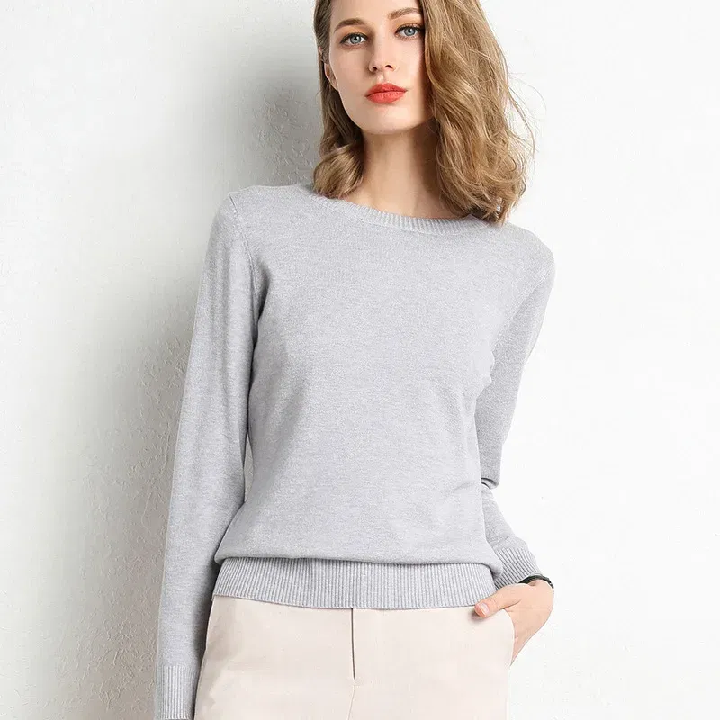 Color: GRAY, Size: XXL - Women Slim O-Neck Solid Pullover Cashmere Wool Blending Sweater Autumn And Winter Long-Sleeved Knit Bottoming Shirt Large Size
