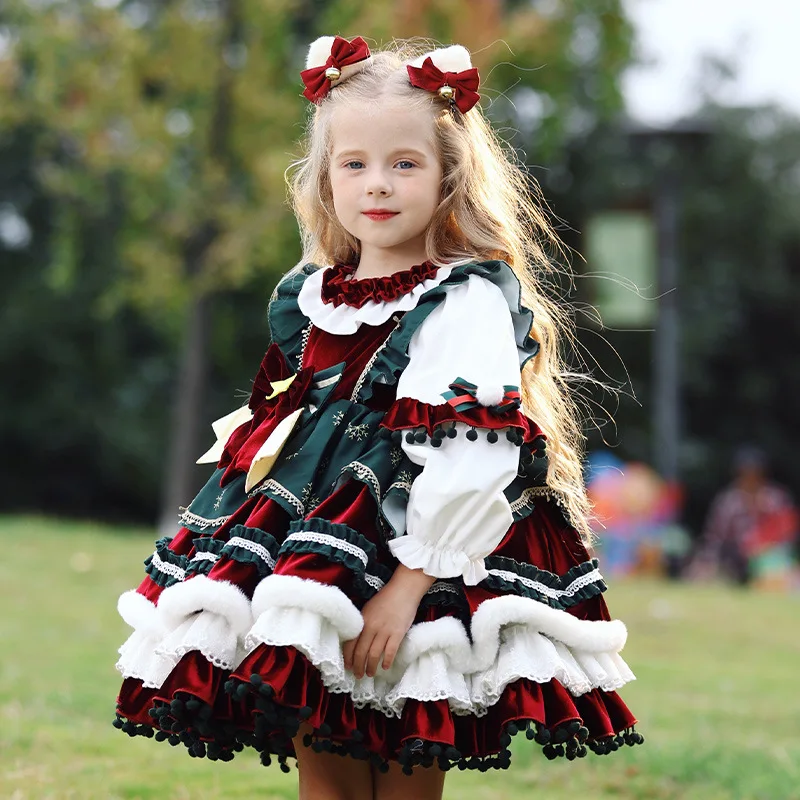 Color: Brown, Kid Size: 4T - New Autumn Winter High-End Baby Girls Velvet Lolita Princess Ball Gown Children Cute Bow Design Birthday Party Dress y1058