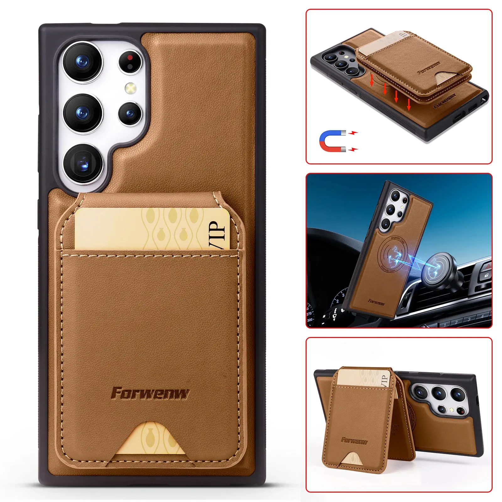 Color: Brown, Compatibility by Model: Galaxy A55 - Leather Case For Samsung Galaxy A16 A36 A56 A55 A35 A15 A25 S25 S24 Ultra S23 S22 Plus + 2 in 1 Detachable Vertical Wallet Cover