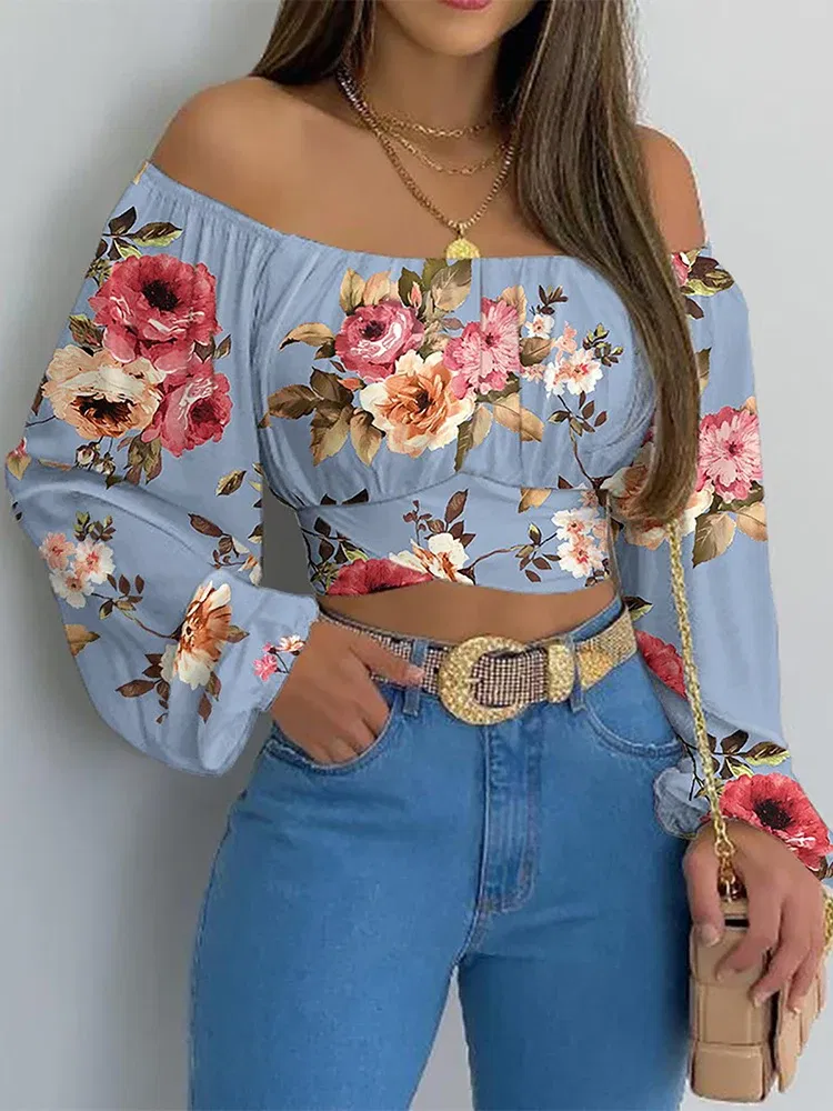 Color: Blue, Size: XL - Women Sexy Off Shoulder Blouse Chic and Elegant Printing Lantern Long Sleeve Lace Up Bow Cropped Tops Casual Slim Shirts 2024