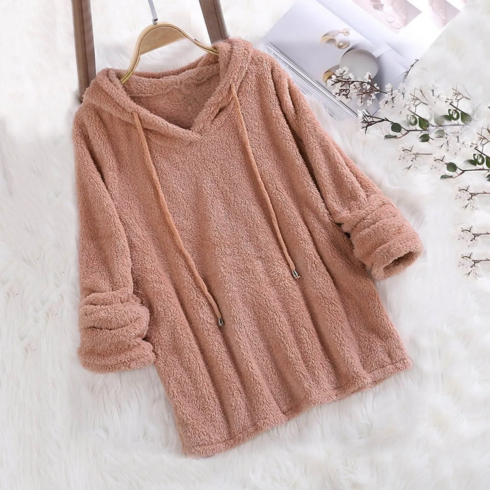 Color: PURPLE, Size: L, Ships From: CN - Women's Winter Casual Solid Color Plush Hooded Long Sleeve Pullover Thick Warm Fluffy Sweatshirts Blouse Oversized Loose Tops