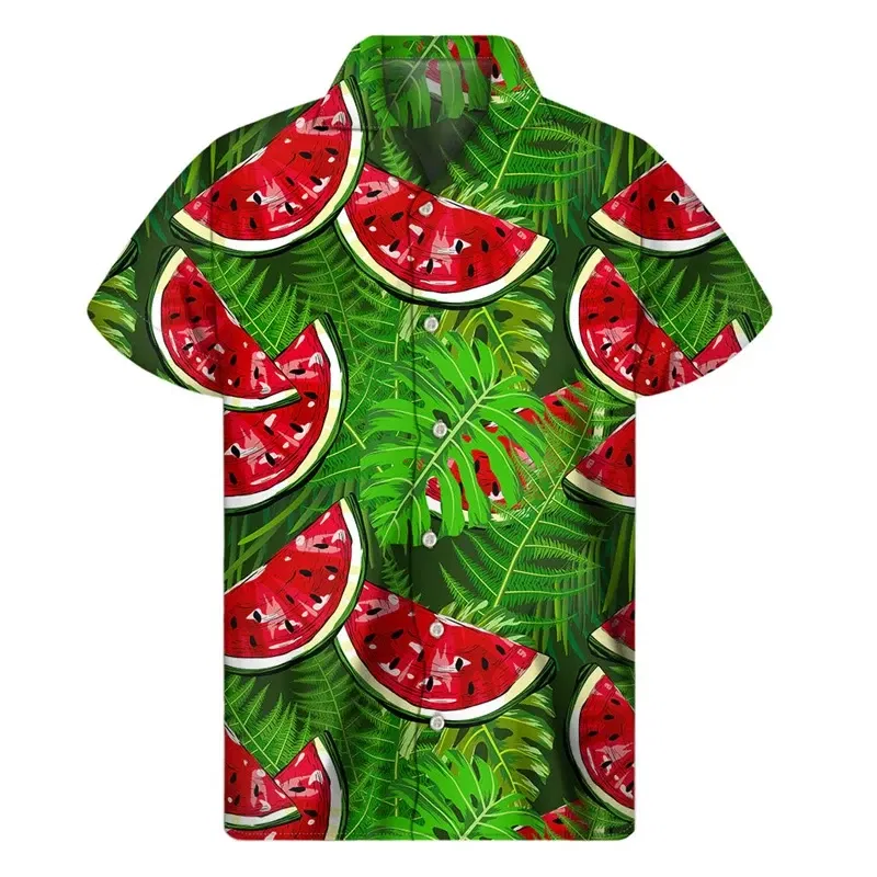 Color: GRAY, Size: S - Tropical Watermelon Graphic Hawaiian Shirt Summer Street Short Sleeves 3d Printed Fruits Button Shirts Men Clothes Lapel Blouse