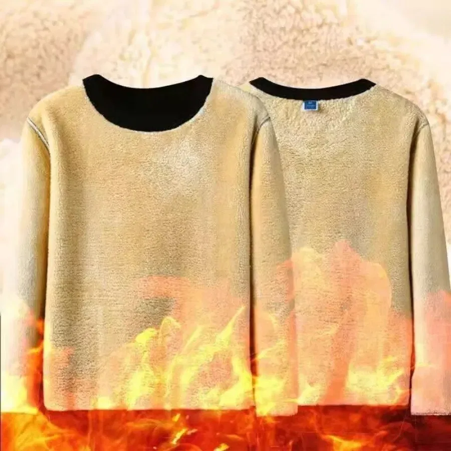 Color: Dark Grey, Size: 4XL - Winter Men Fleece Sweatshirts Keep Warm Underwear Casual Solid Color Pullover Lambswool O-neck Thickened Thermal Underwear Tops