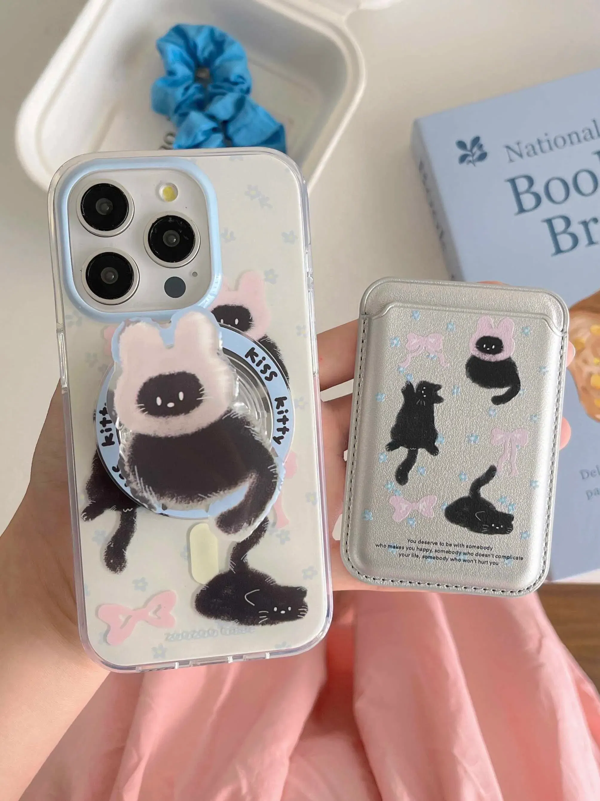 Color: black, Material: Genuine leather - Cute Black Cat, Pink Bow, Blue Flower Magnetic Card Holder Phone Case for IPhone 13 14 15 Pro Max 13Pro 16ProMax 14Pro 15Pro 12