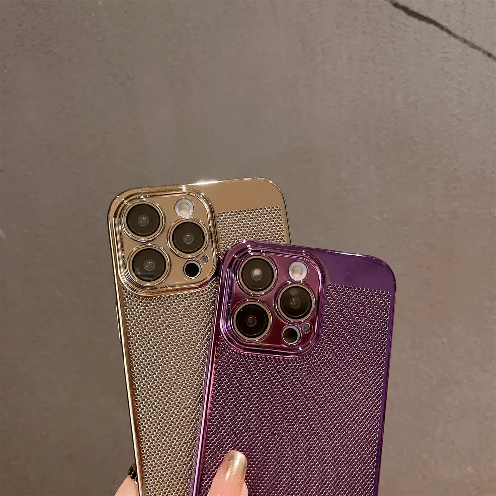 Color: Sky blue, Material: PC + TPU - Luxury Plating Hollowed Out Case for iPhone 12 13 Mini 11 14 Pro Max X XR Xs Max 7 8 Plus Heat Dissipation Shockproof Lens Cover