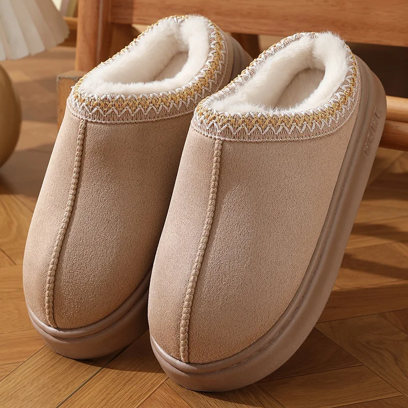 Color: Khaki, Shoe Size: 38-39 - Comfort Thick Bottom Cotton Slippers Women 2025 Winter Warm Thick Plush Non Slip Furry Clogs Shoes Embroidery Suede Snow Boots