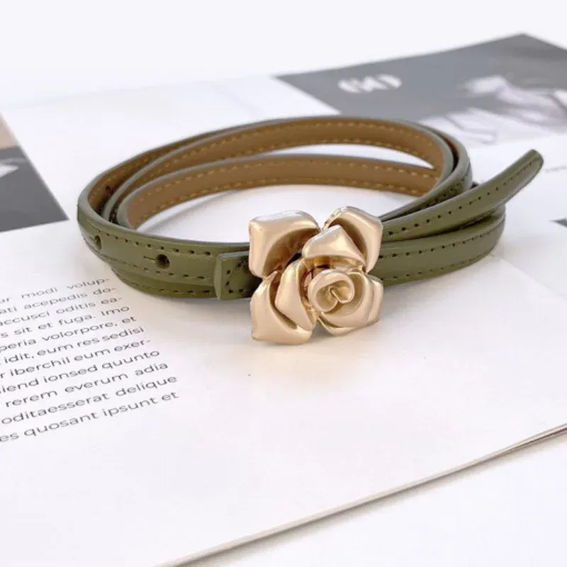 Color: khaki, Belt Length: 105CM - 1.0cm New Unique Rose Genuine Leather Gold Belt Women Fashion Cowskin Flower Thin Belts Female Jeans Dress Waistband