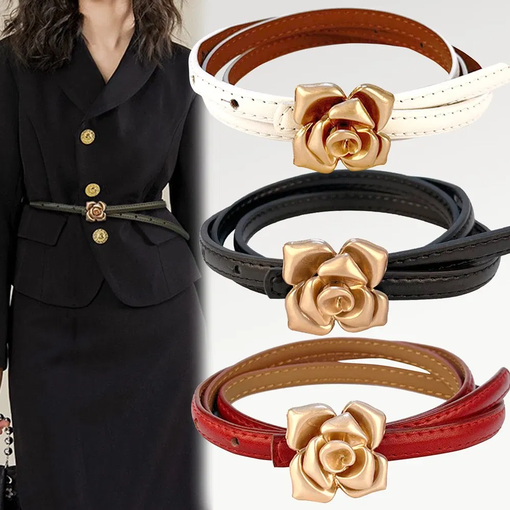 Color: khaki, Belt Length: 105CM - 1.0cm New Unique Rose Genuine Leather Gold Belt Women Fashion Cowskin Flower Thin Belts Female Jeans Dress Waistband