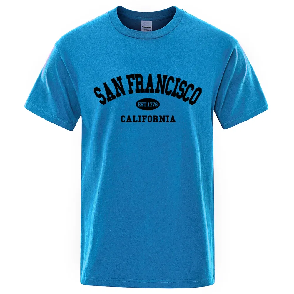 Color: SKY BLUE, Size: M - Sanfrancisco Est.1776 California Letter T-Shirts Men Fashion Oversized Tops Summer Tshirt Loose Designer Luxury Tee Clothing