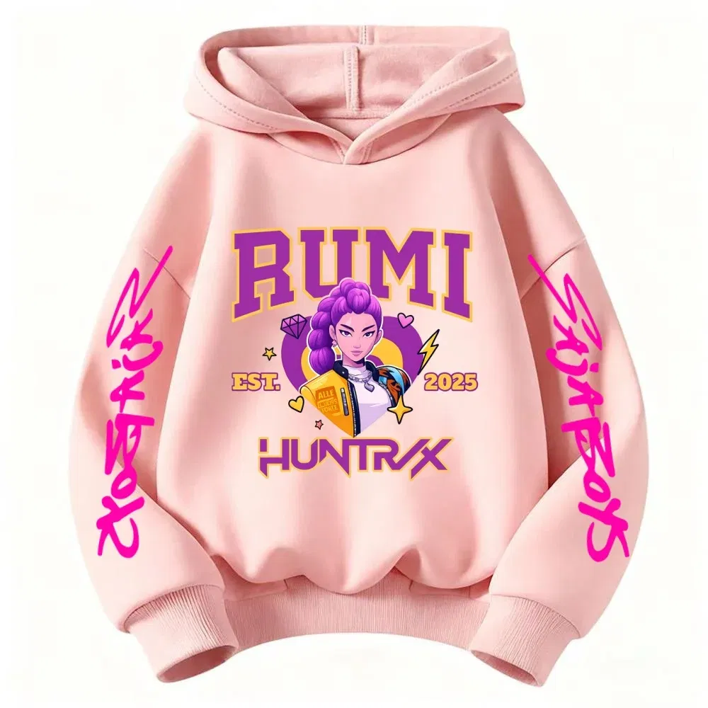 Color: Brown, Kid Size: 4T - 2025 KPop Devil Hunter Cartoon Girl Boy Hooded Sweatshirt Kawaii Children's Korean Wave Casual Fashion Top
