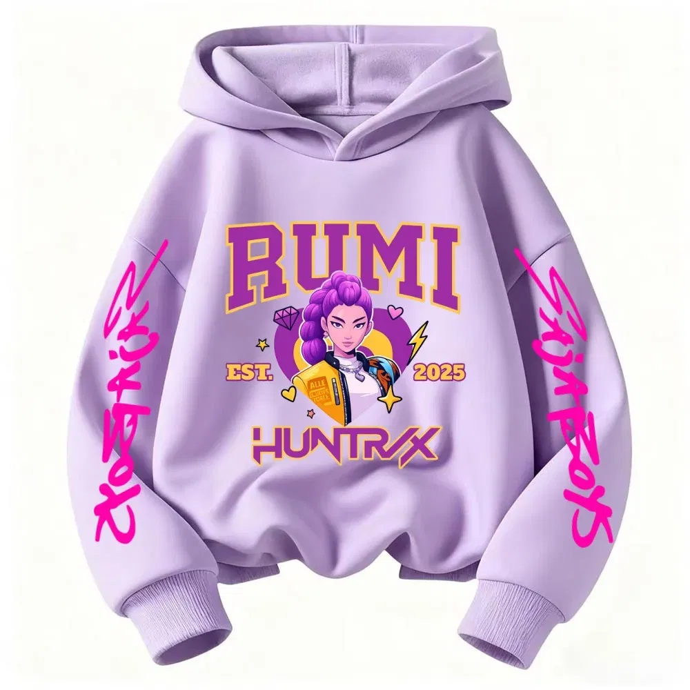 Color: Brown, Kid Size: 4T - 2025 KPop Devil Hunter Cartoon Girl Boy Hooded Sweatshirt Kawaii Children's Korean Wave Casual Fashion Top