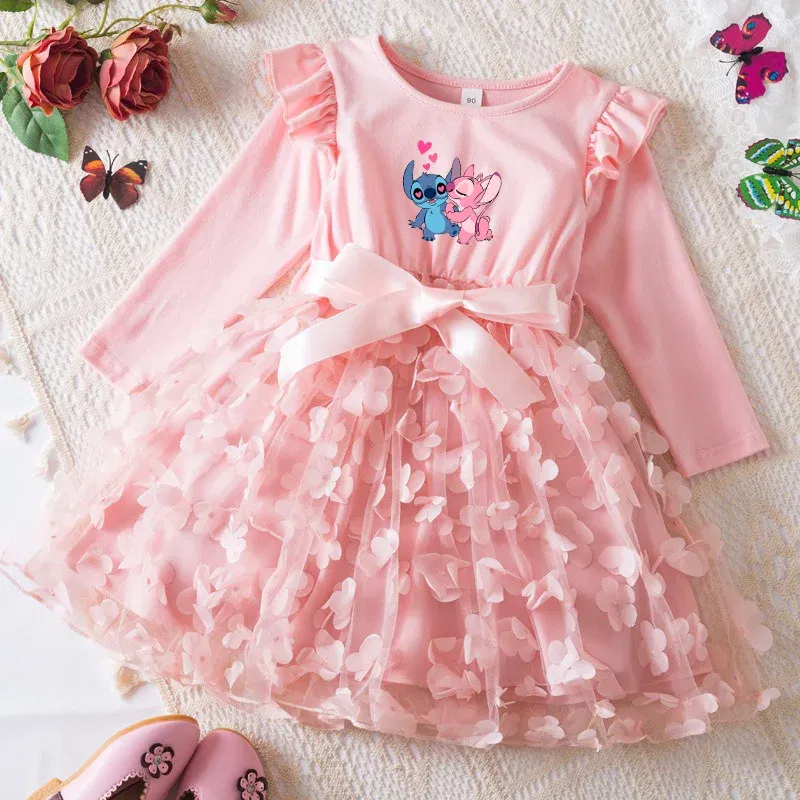 Color: Pink, Size: One Size, Height: 170 - Lilo Stitch Girl Baby Dresses Spring Autumn Child Long Sleeve Sweet Princess Dress Mesh Newborn Casual Dress Birthday Party 2-6Y