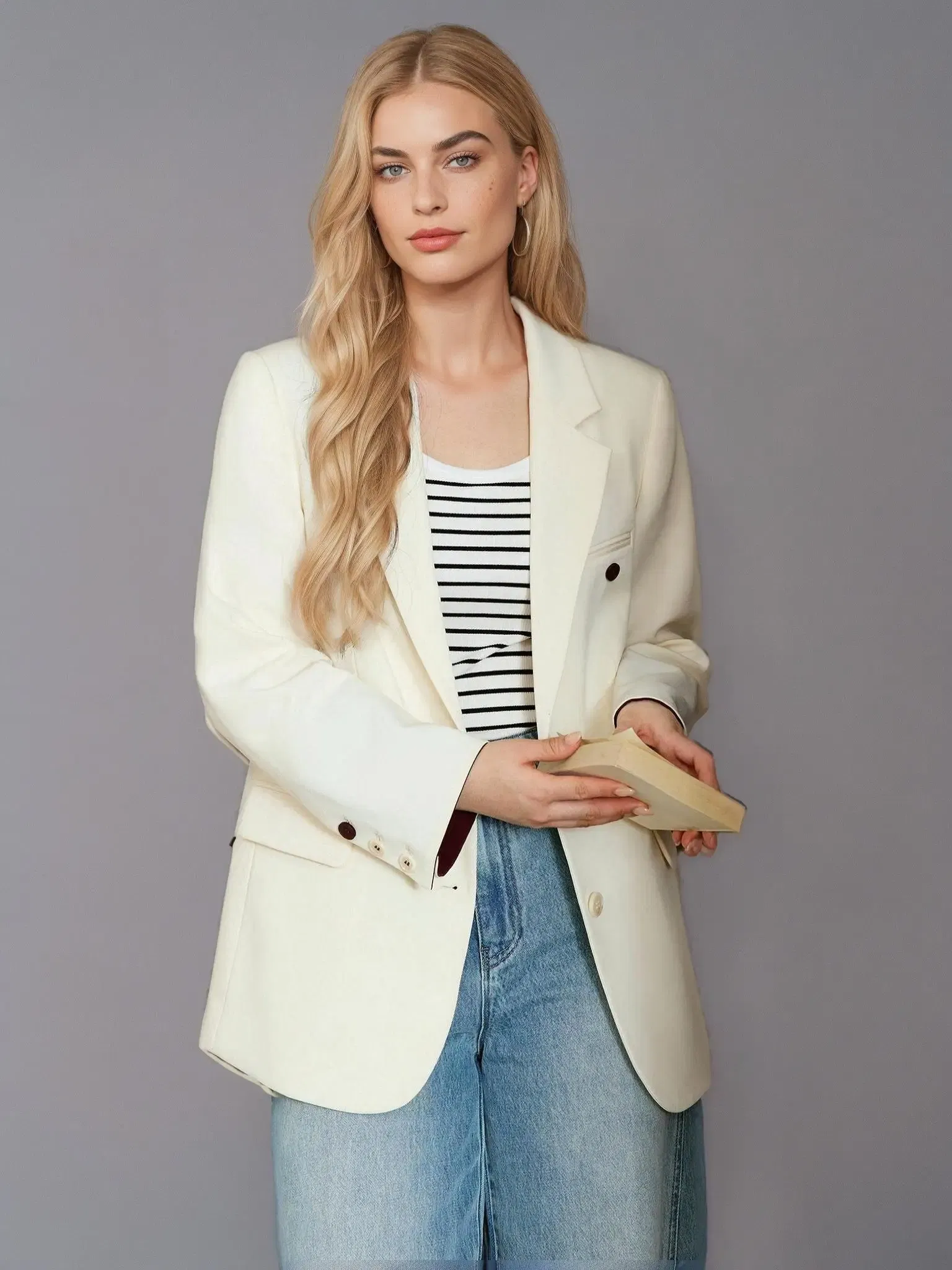 Color: Beige, Size: XXXL - DUSHU Plus Gray Blazer Jacket For Women 2025 Spring New Design Elegant Style Commuter Coat Chic Outwear Office Lady 25DS81036