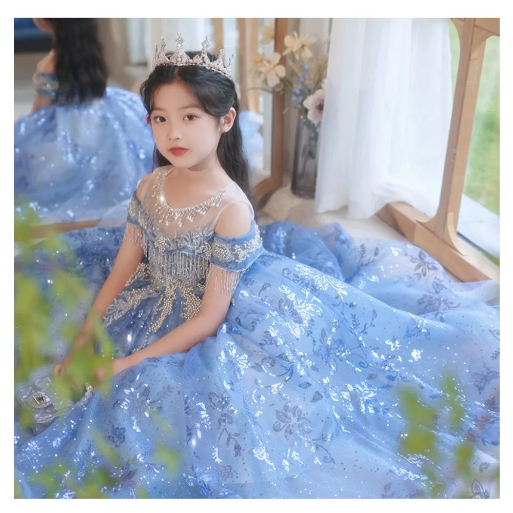 Color: Blue, Kid Size: 5 - Children's Dress Princess Dress Fluffy Gauze Flower Girl Heavy Industry Trailing Catwalk Small Host Piano Performance