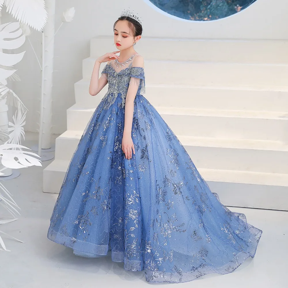 Color: Blue, Kid Size: 5 - Children's Dress Princess Dress Fluffy Gauze Flower Girl Heavy Industry Trailing Catwalk Small Host Piano Performance