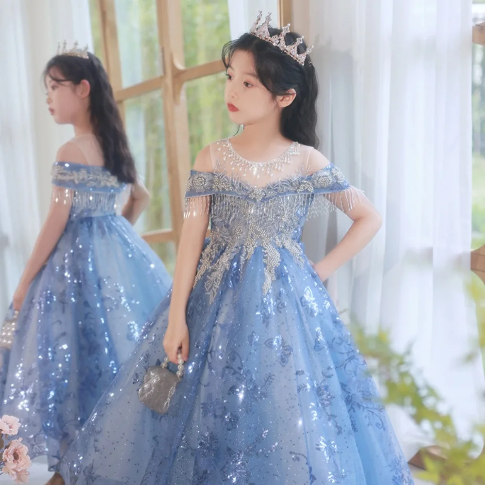 Color: Blue, Kid Size: 5 - Children's Dress Princess Dress Fluffy Gauze Flower Girl Heavy Industry Trailing Catwalk Small Host Piano Performance