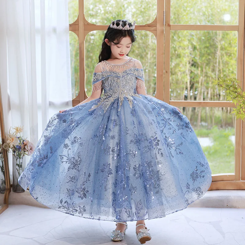 Color: Blue, Kid Size: 5 - Children's Dress Princess Dress Fluffy Gauze Flower Girl Heavy Industry Trailing Catwalk Small Host Piano Performance