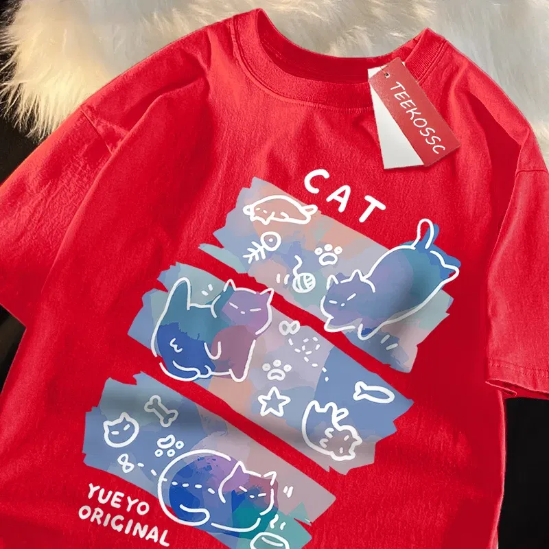 Color: army green, Size: XXL - Fun Mischievous Cat Print Japanese Style T-Shirts Men Women Fashion Tshirs Breathable Summer T-Shirts Cotton Loose Tee Clothes