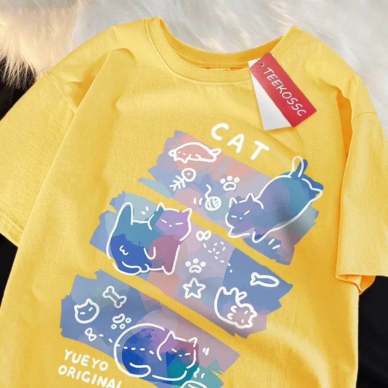Color: army green, Size: XXL - Fun Mischievous Cat Print Japanese Style T-Shirts Men Women Fashion Tshirs Breathable Summer T-Shirts Cotton Loose Tee Clothes