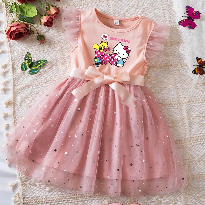 Color: Beige, Kid Size: 2T - Hello Kitty Girls Sequin Tutu Dress with Bow Flutter Sleeves Summer Princess Party Outfit for Toddler Kids 2-6 Years