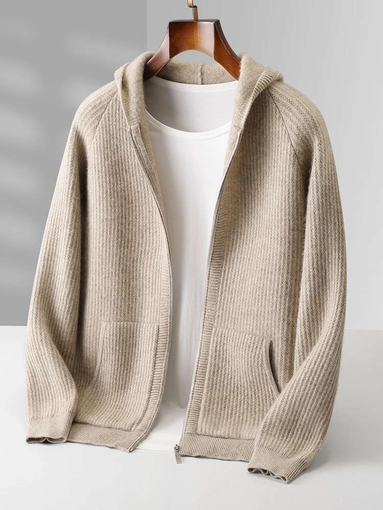 Color: WHITE, Size: L - Daily Clothes Autumn Winter Sweater Men's Coat 100% Merino Wool Sweater Cardigan Knitted Jacket Thicked Hooded Outerwears Trend