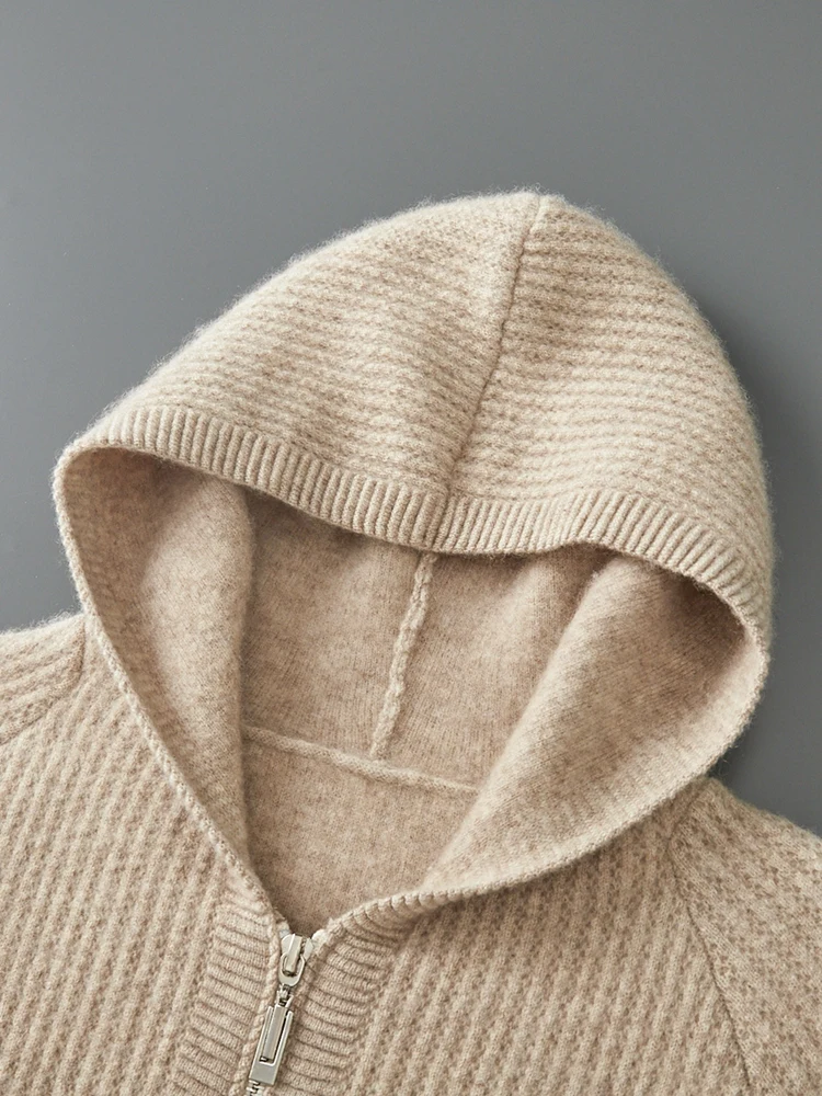 Color: WHITE, Size: L - Daily Clothes Autumn Winter Sweater Men's Coat 100% Merino Wool Sweater Cardigan Knitted Jacket Thicked Hooded Outerwears Trend