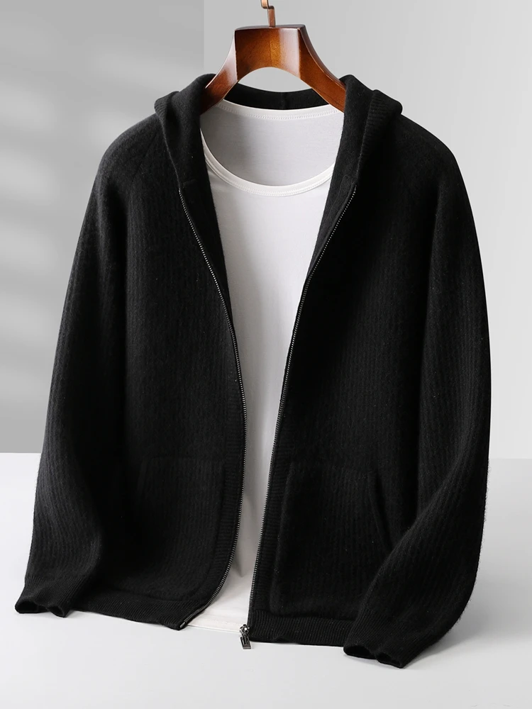 Color: WHITE, Size: L - Daily Clothes Autumn Winter Sweater Men's Coat 100% Merino Wool Sweater Cardigan Knitted Jacket Thicked Hooded Outerwears Trend