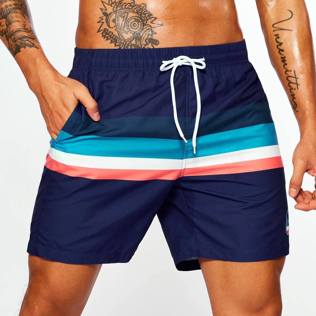 Color: MULTI, Size: S - Men's Navy Bottom Stripe Insert Print Beach Pants