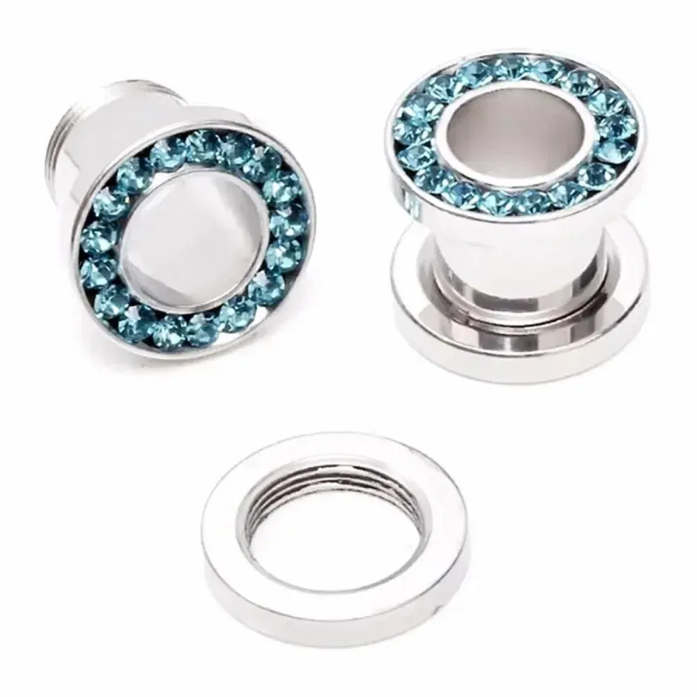 Metal color: Pure Gold Color, Main Stone Color: Blue - 2pc Steel Multicolour Crystal Ear Plug Flesh Tunnel 8g ( 3mm ) - 1" ( 25mm ) Gauge Expander Stretcher Screw Fit