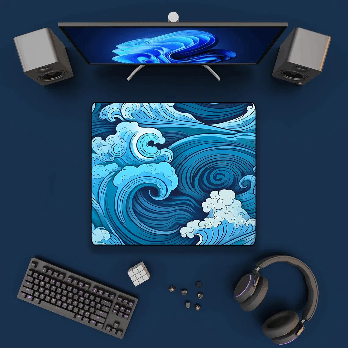 Color: Navy Blue - Aesthetic Desk Mat Art Japanese Great Waves XXL Gaming Mouse Pad Blue Mousepad 900x400 Beautiful Nature Rubber Desk Pad Mat