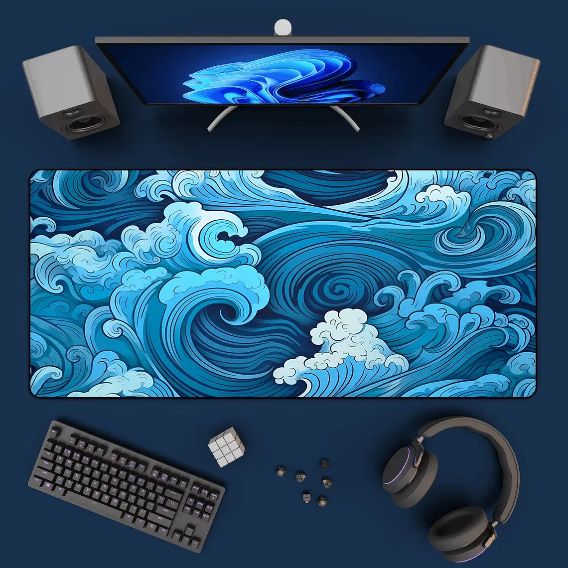 Color: Navy Blue - Aesthetic Desk Mat Art Japanese Great Waves XXL Gaming Mouse Pad Blue Mousepad 900x400 Beautiful Nature Rubber Desk Pad Mat