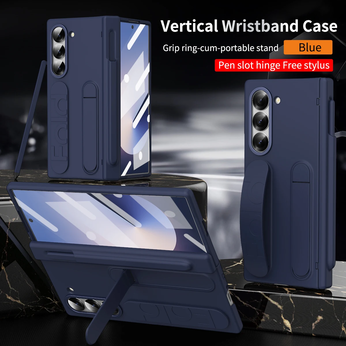 Color: SKY BLUE, Material: CANVAS - Touch Pen Case For Samsung Galaxy Z Fold 6 5 4 3 Skin Friendly Folding Hinge with Elastic Wrist Band Screen Tempered Film Cover