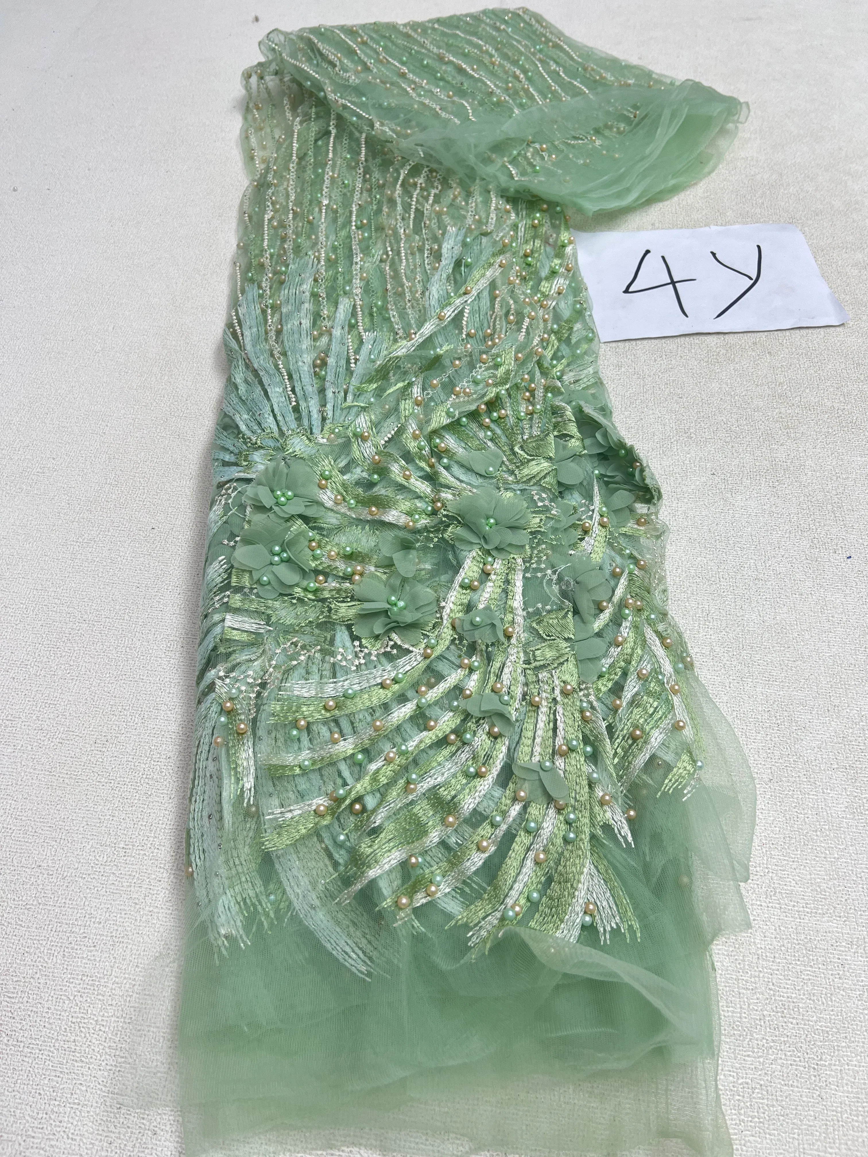 Color: Light Yellow, Length: 5 yards, Width: 120cm - 2025 African Nigerian Tulle Lace Fabric Sequins Sewing Guipure Beads Stone Embroidery Dresses High Quality 4 Yards