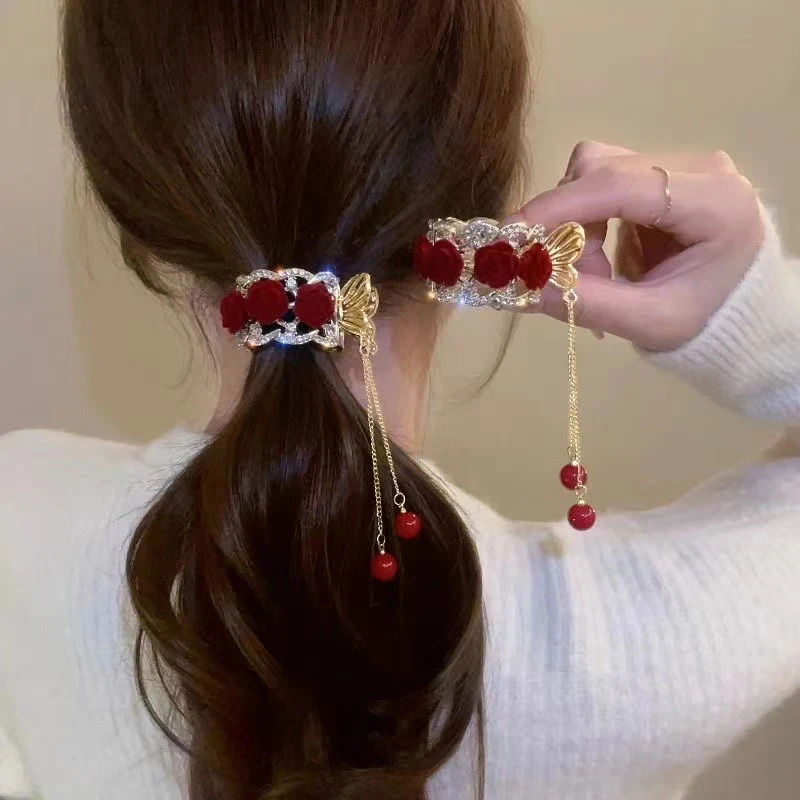 Color: GRAY - Fashion Rhinestone Tassel Pearl Hair Claws Flowers Hair Clip Women Barrettes Ponytail Holder Hairpins Hair Accessories Gifts