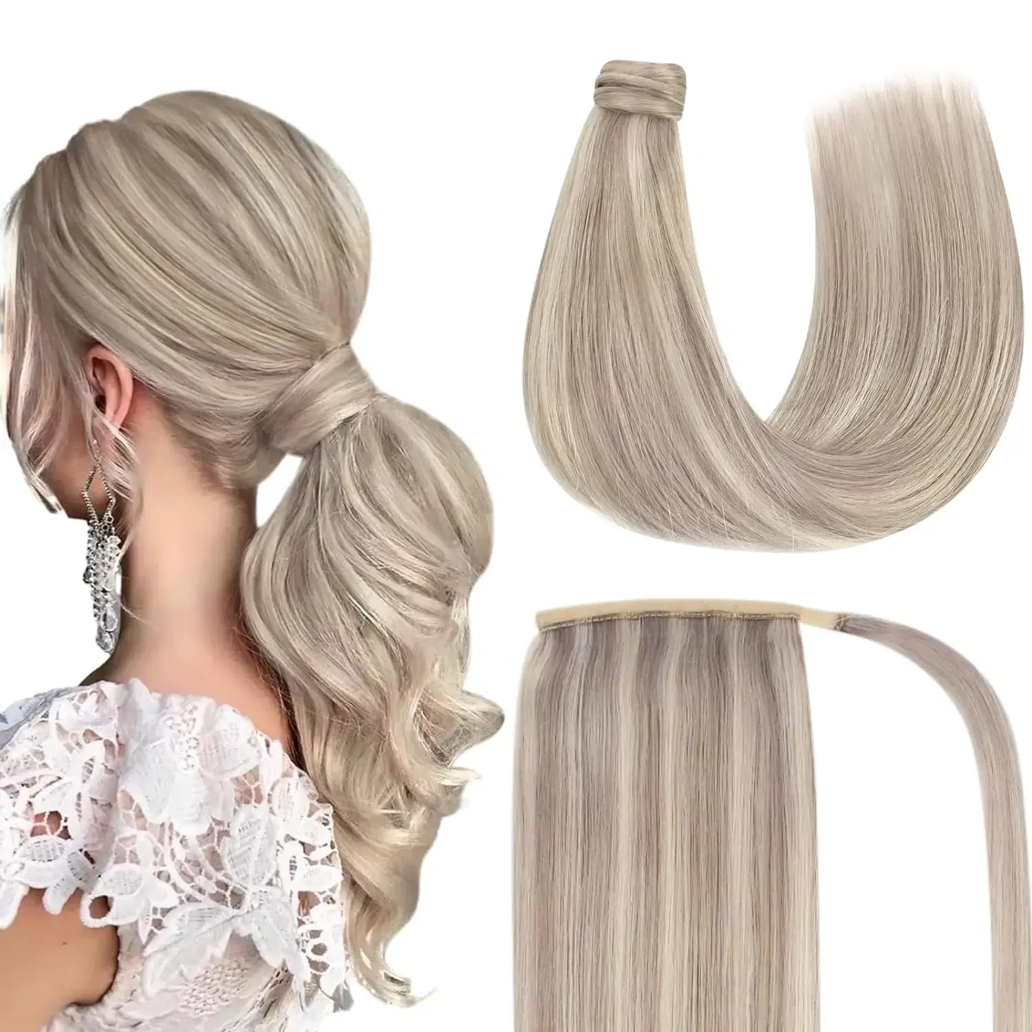 Color: T1B/Red, Life Span: 6 Months With Proper Care, Stretched Length: 18inches - VeSunny Human Hair Ponytail Light Blonde Mix Golden Blonde Real Hair Ponytail Extension Highlights Blonde Ponytail Hair 80g