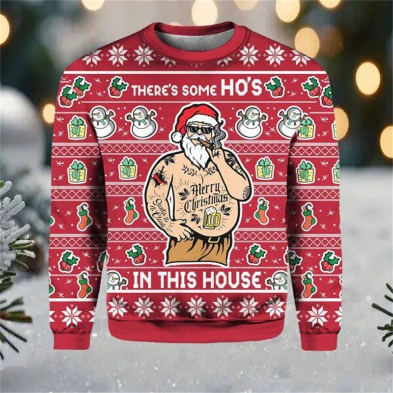 Color: army green, Size: S - Funny Santa Claus Graphic Ugly Christmas Sweater 2026 Men Fashion Autumn Winter 3D Printed Sweatshirt Casual Oversized Pullovers