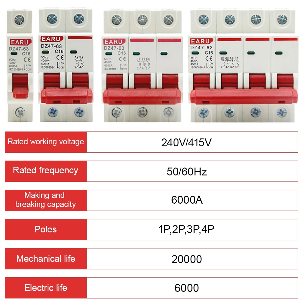 Rated Current: 63A, Ships From: CHINA - 1P AC MCB DZ47-63 C Type 230/400V~ 50HZ/60HZ Mini Circuit Breaker 3A 6A 10A 16A 20A 25A 32A 40A 50A 63A Mounting 35mm Din Rail